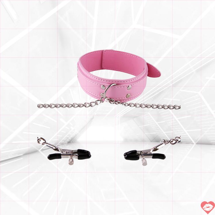 Vòng Cổ Da Hồng BDSM Kẹp Vú Thú Vị Điều Chỉnh Dễ 
